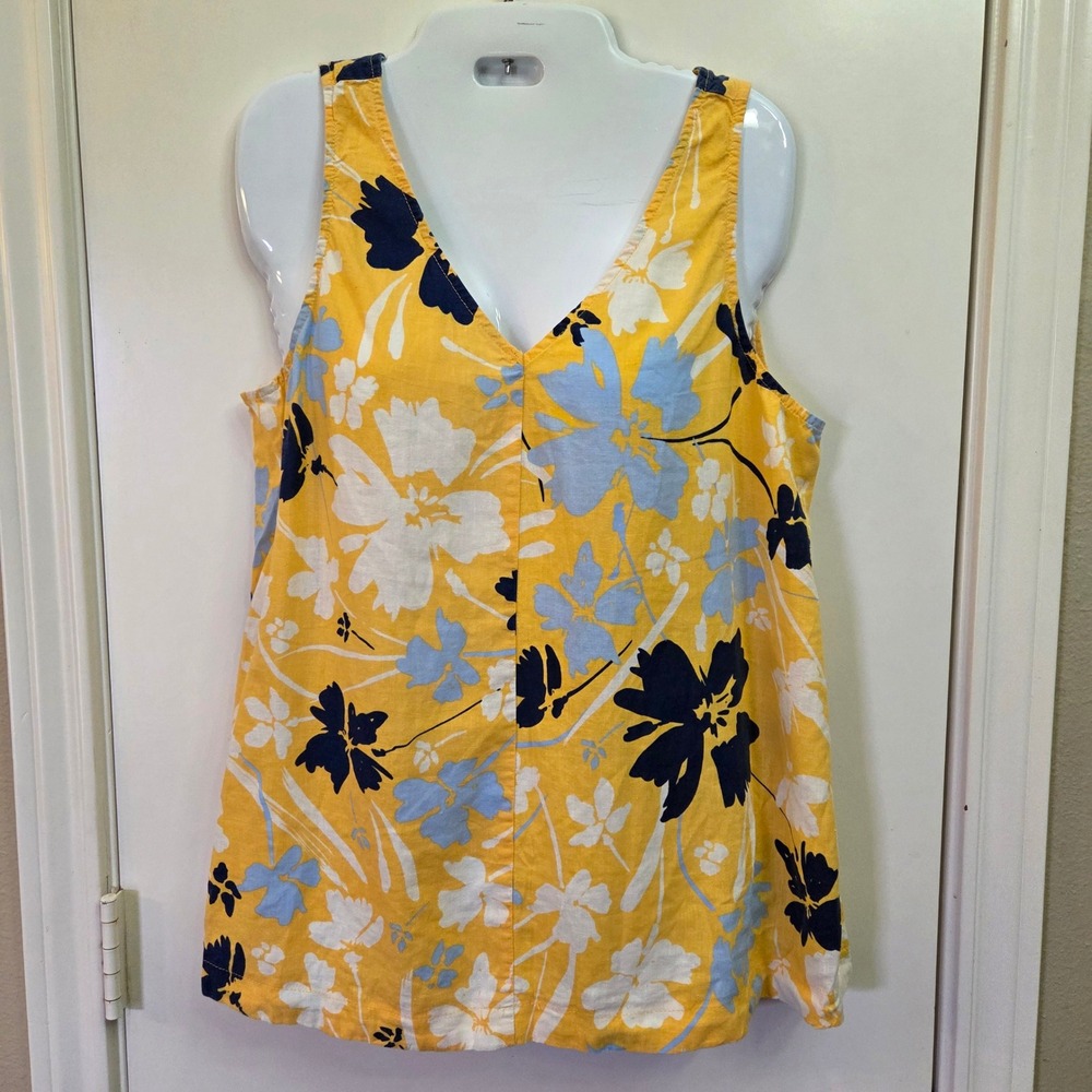 Time and Tru Womens Yellow Floral V-Neck Linen Blend Tank Top Blouse Size M 8-10